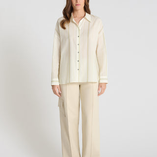 Chemise rayée femme Églantine jaune voile coton léger rayures verticales boutons nacre
