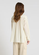 Détail chemise Églantine jaune rayée voile coton boutons nacre patte boutonnage
