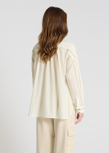 Détail chemise Églantine jaune rayée voile coton boutons nacre patte boutonnage
