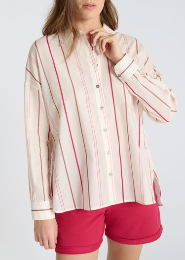 Détail rayures chemise Églantine rose indien voile coton léger aérien texture fine
