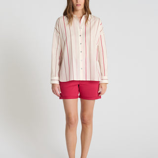 Chemise rayée femme Églantine rose indien voile coton léger rayures verticales boutons nacre
