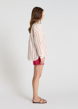 Détail chemise Églantine rose indien rayée voile coton boutons nacre patte boutonnage
