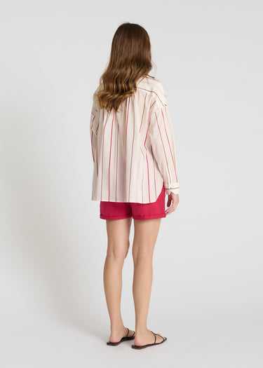 Chemise Églantine rose indien portée chemise rayée femme voile coton coupe droite fluide
