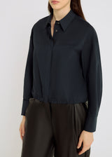 Chemise bleu marine femme haut de gamme coton stretch volume boule – Eliza

