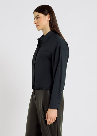 Chemise bleu marine femme coton stretch découpe arrondie bas ajustable – Eliza
