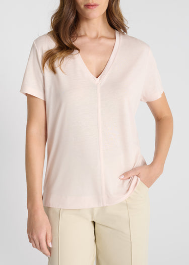 Tee shirt femme rose jersey coton découpes structurantes devant arrière
