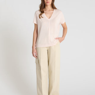 T-shirt col V femme rose coton manches courtes coupe droite Emilion
