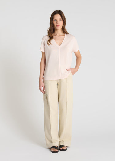 T-shirt col V femme rose coton manches courtes coupe droite Emilion
