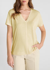 T-shirt col V jaune femme en jersey coton, détail découpes structurantes avant et arrière - Emilion
