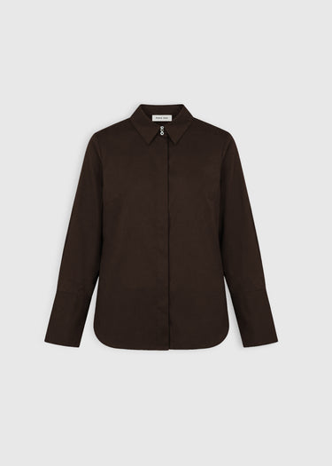 Chemise marron chocolat femme élégante en popeline coton coupe droite structurée boutons nacre – Fedora