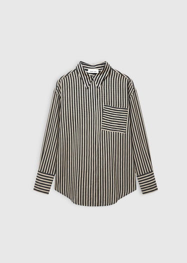 Chemise à rayures femme noire patte boutonnage cachée boutons nacre – Frances
