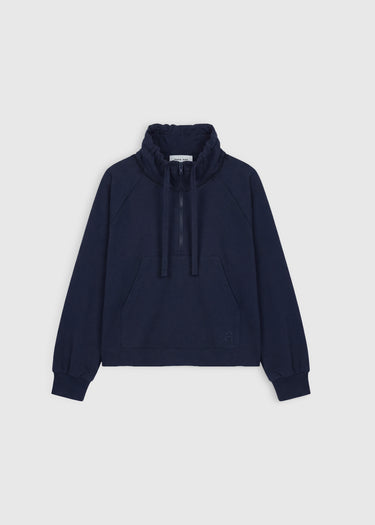 Pull sweat femme bleu marine coton stretch col montant liens rib – Franklin
