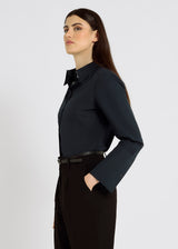 Chemisier bleu marine femme luxe popeline coton plis dos fentes côtés – Fedora
