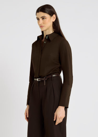 Chemise femme marron chocolat chic patte boutonnage cachée poignets longs – Fedora
