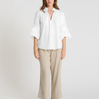 Blouse Fiza blanc optique – chemisier femme chic en voile de coton, col pied-de-col, manches ballon
