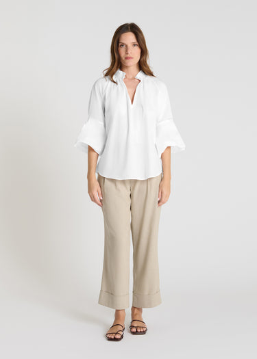 Blouse Fiza blanc optique – chemisier femme chic en voile de coton, col pied-de-col, manches ballon
