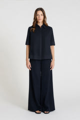 Chemise femme bleu marine popeline coton, volume boîte court, manches courtes