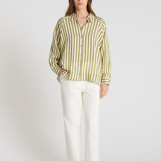 Chemise rayée femme Flore vert kaki voile coton léger rayures verticales manches amples
