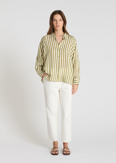 Chemise rayée femme Flore vert kaki voile coton léger rayures verticales manches amples
