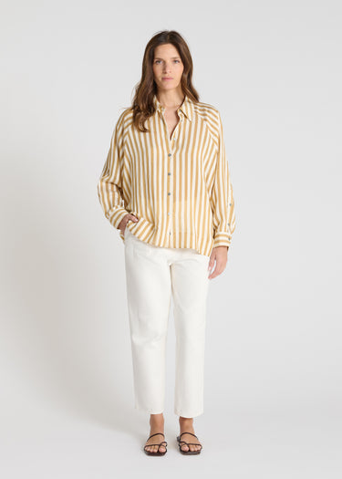 Chemise rayée femme Flore jaune miel voile coton léger rayures verticales manches amples
