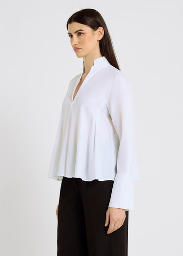 Chemisier blanc femme col mao encolure V plis dos boutons recouverts – Francoise
