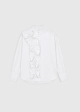 Chemise Gabrielle blanc optique – col officier montant, volant piqué devant, coupe légèrement ample
