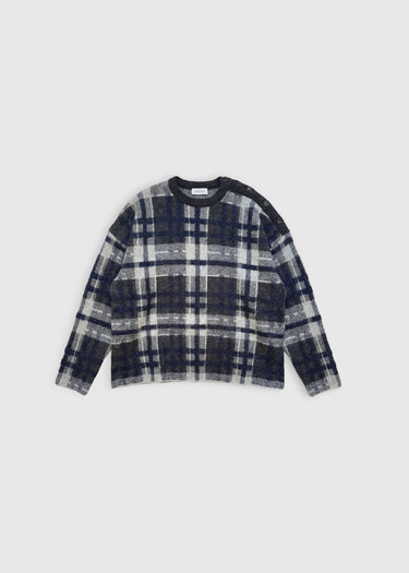 Pull Georges bleu nuit – maille jacquard baby alpaga, boutonnage épaule, fentes côtés
