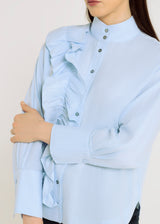 Chemise femme classe bleu ciel – coupe droite, emmanchure basse, plis aux poignets, Gabrielle
