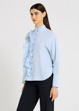 Chemise femme bleu ciel en coton – détail volant et boutons nacre, Gabrielle bleu ciel
