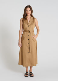 Robe chemise femme Gardenia marron havane satin coton encolure tailleur ceinture intégrée poches rabat
