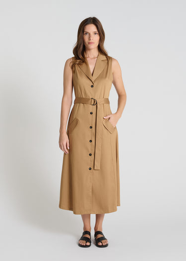 Robe chemise femme Gardenia marron havane satin coton encolure tailleur ceinture intégrée poches rabat
