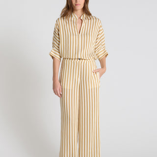 Pantalon rayé femme Genepi beige miel voile coton jambe large évasée ceinture élastiquée
