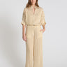 Pantalon rayé femme Genepi beige miel voile coton jambe large évasée ceinture élastiquée
