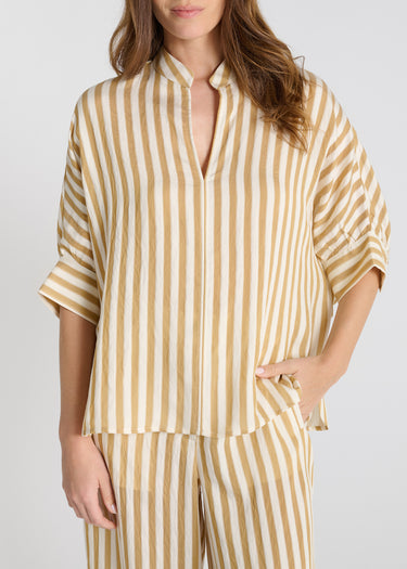 Blouse Gentiane miel, chemisier femme rayé avec empiècement dos horizontal et coupe droite fluide
