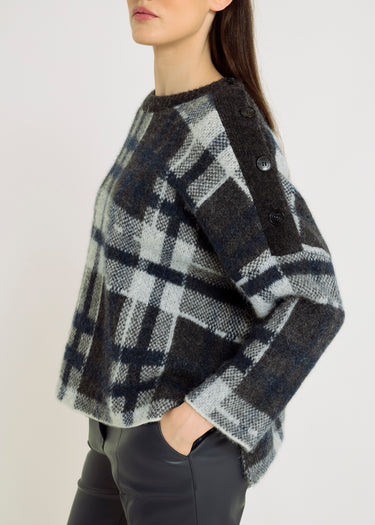 Pull femme classe bleu marine – baby alpaga jacquard, fentes côtés, tenue chic pour femme, Georges
