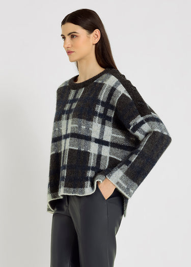 Pull femme bleu marine oversize en baby alpaga – détail jacquard et boutons corozo, Georges
