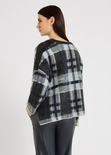 Pull bleu nuit femme chic jacquard alpaga – coupe droite ample, emmanchure basse, Georges
