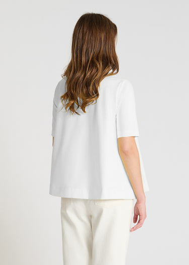 Pull femme blanc optique manches coudes, vue dos, molleton fluide léger mi-saison
