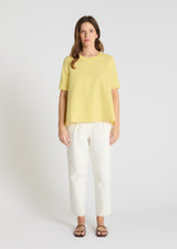 Pull manche courte femme Girasol jaune molleton volume évasé encolure ronde bord-côte
