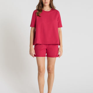 Pull manche courte femme Girasol rose molleton volume évasé encolure ronde bord-côte
