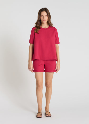 Pull manche courte femme Girasol rose molleton volume évasé encolure ronde bord-côte
