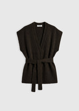 Gilet Honoré choco – baby alpaga, volume kimono, ceinture en côtes, fentes côtés
