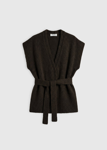 Gilet Honoré choco – baby alpaga, volume kimono, ceinture en côtes, fentes côtés
