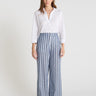 Pantalon rayé femme Hibiscus bleu indigo coton lin jambe large droite ceinture élastiquée
