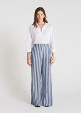 Pantalon rayé femme Hibiscus bleu indigo coton lin jambe large droite ceinture élastiquée

