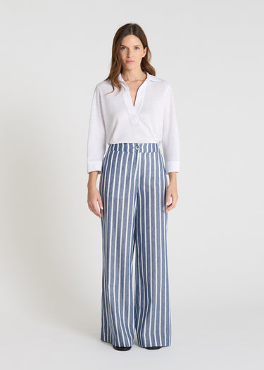 Pantalon rayé femme Hibiscus bleu indigo coton lin jambe large droite ceinture élastiquée
