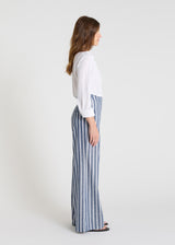 Pantalon Hibiscus bleu indigo porté pantalon rayé femme coton lin jambe ample fluide
