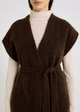 Gilet femme classe marron baby alpaga – volume kimono, fentes côtés, pull sans manche femme, Honoré
