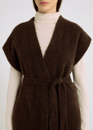 Gilet femme classe marron baby alpaga – volume kimono, fentes côtés, pull sans manche femme, Honoré
