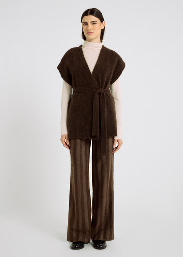 Gilet marron femme baby alpaga volume kimono ceinture côtes – Gilet Honoré choco
